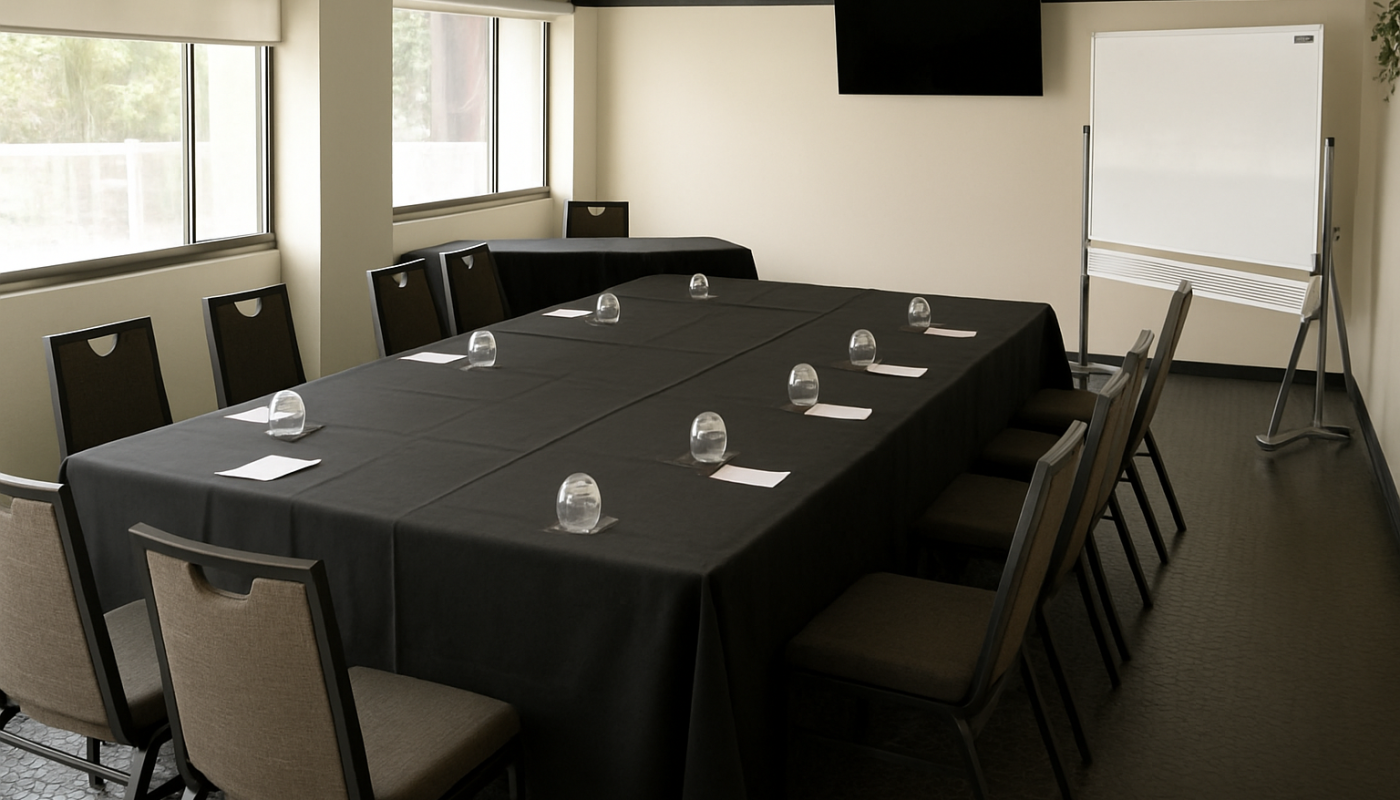 Conference room with black-clothed tables, chairs, water glasses, notepads, a wall screen, and a flip chart.
