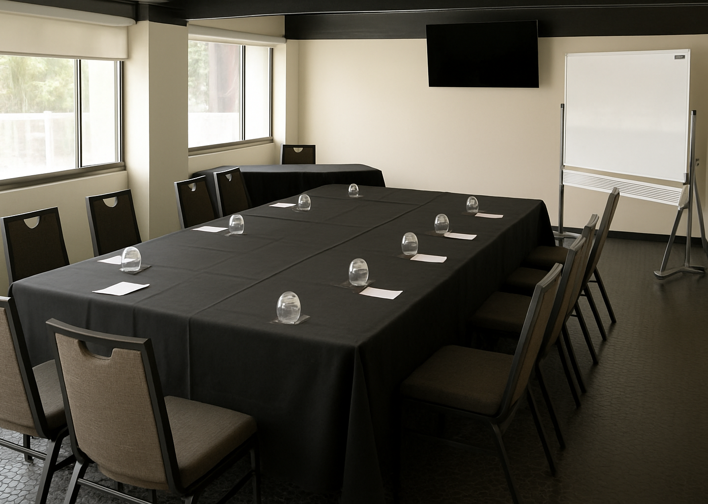 Conference room with black-clothed tables, chairs, water glasses, notepads, a wall screen, and a flip chart.