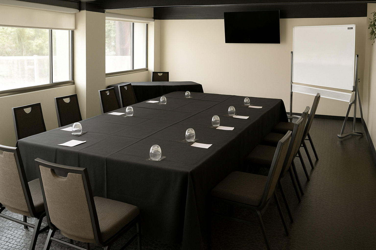 Conference room with black-clothed tables, chairs, water glasses, notepads, a wall screen, and a flip chart.