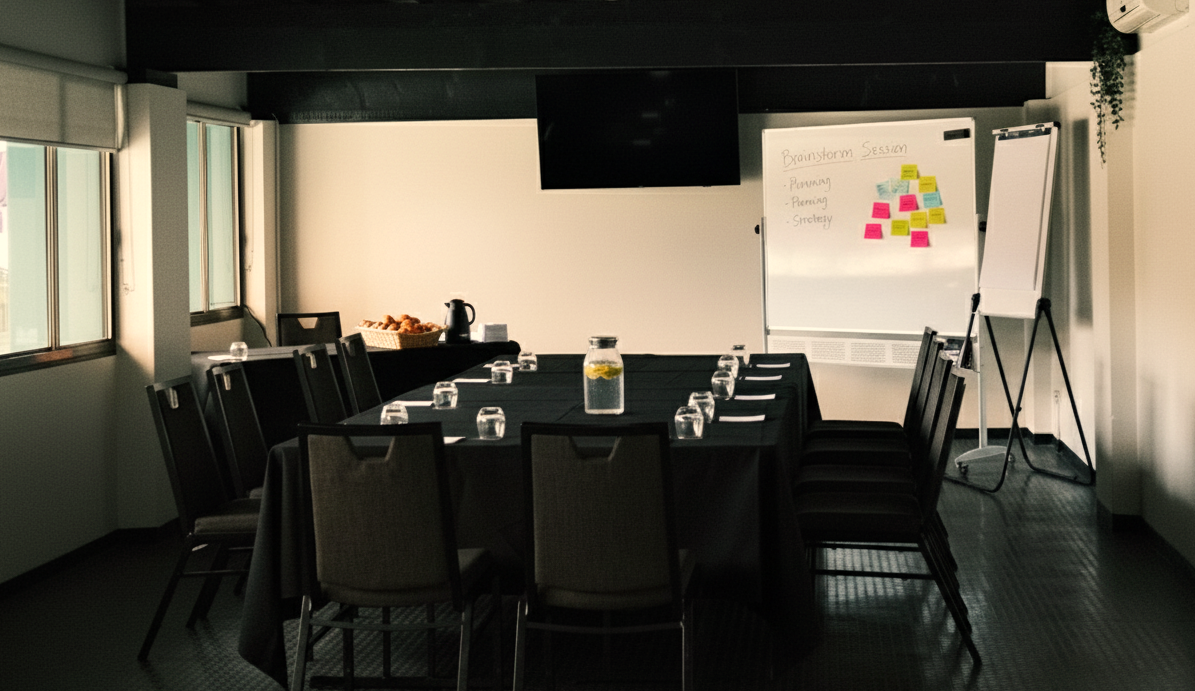 A conference room with a long table set with glasses, surrounded by chairs; a whiteboard displays colorful sticky notes.